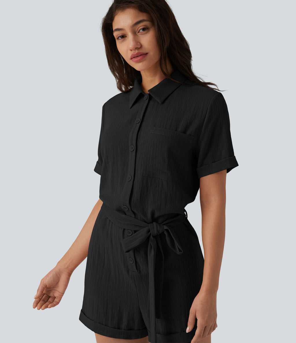 Combishort chemise manches courtes effet lin, avec ceinture et poche