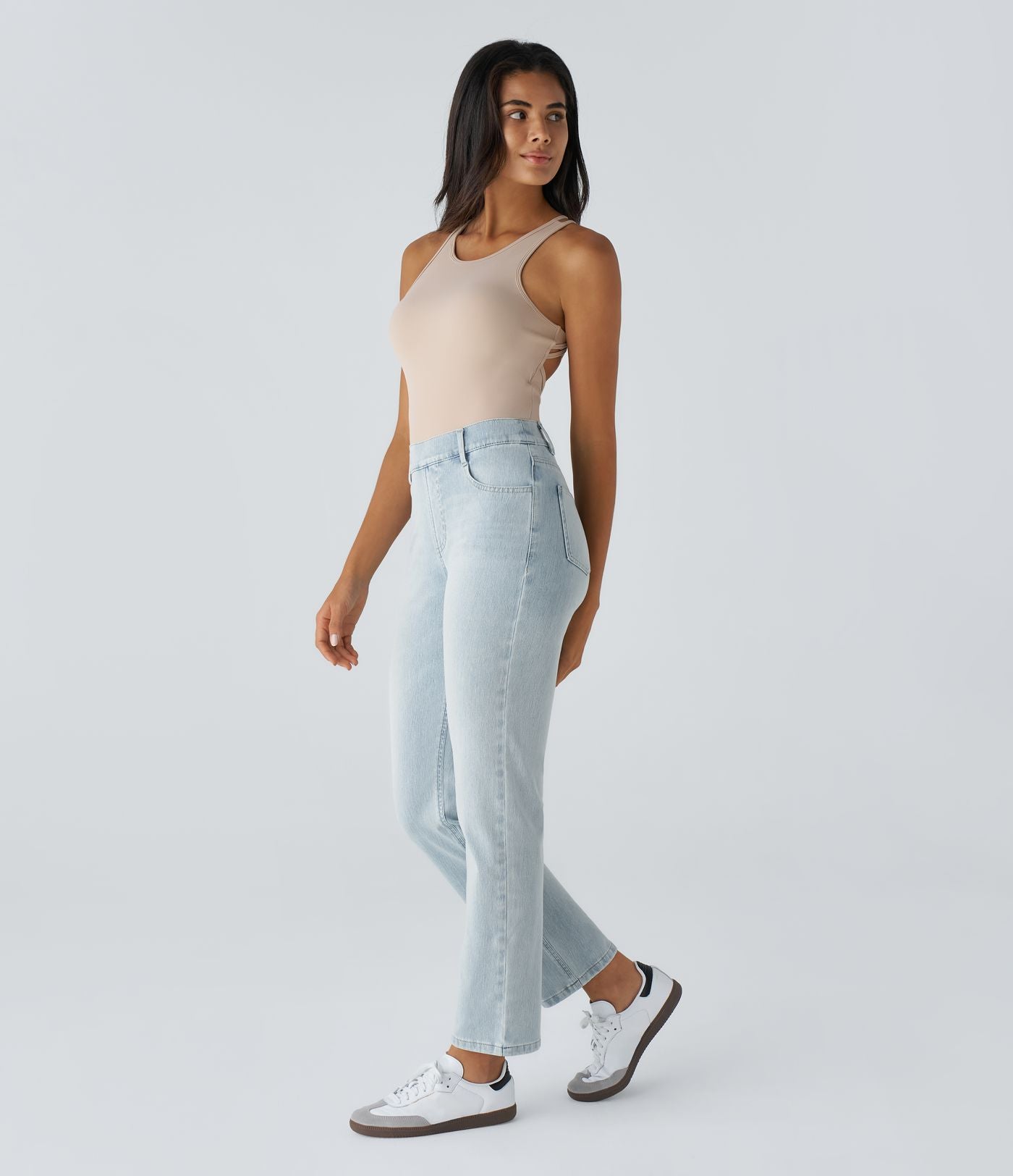 Jean droit Halara Flex™ à taille haute, poches multiples, effet délavé et tissu extensible