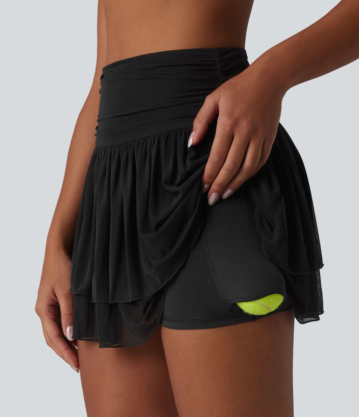 Jupe de tennis 2 en 1 à volants, taille haute, froncée et respirante, en maille, avec poches