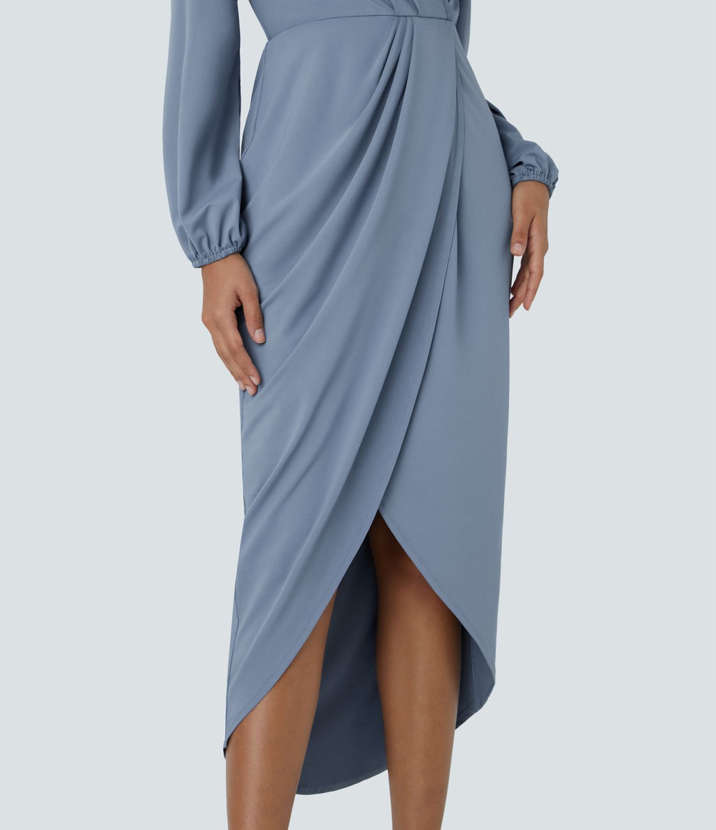 Robe de Soirée Mi-longue à Col V, Manches Longues, Plis et Ourlet Tulipe