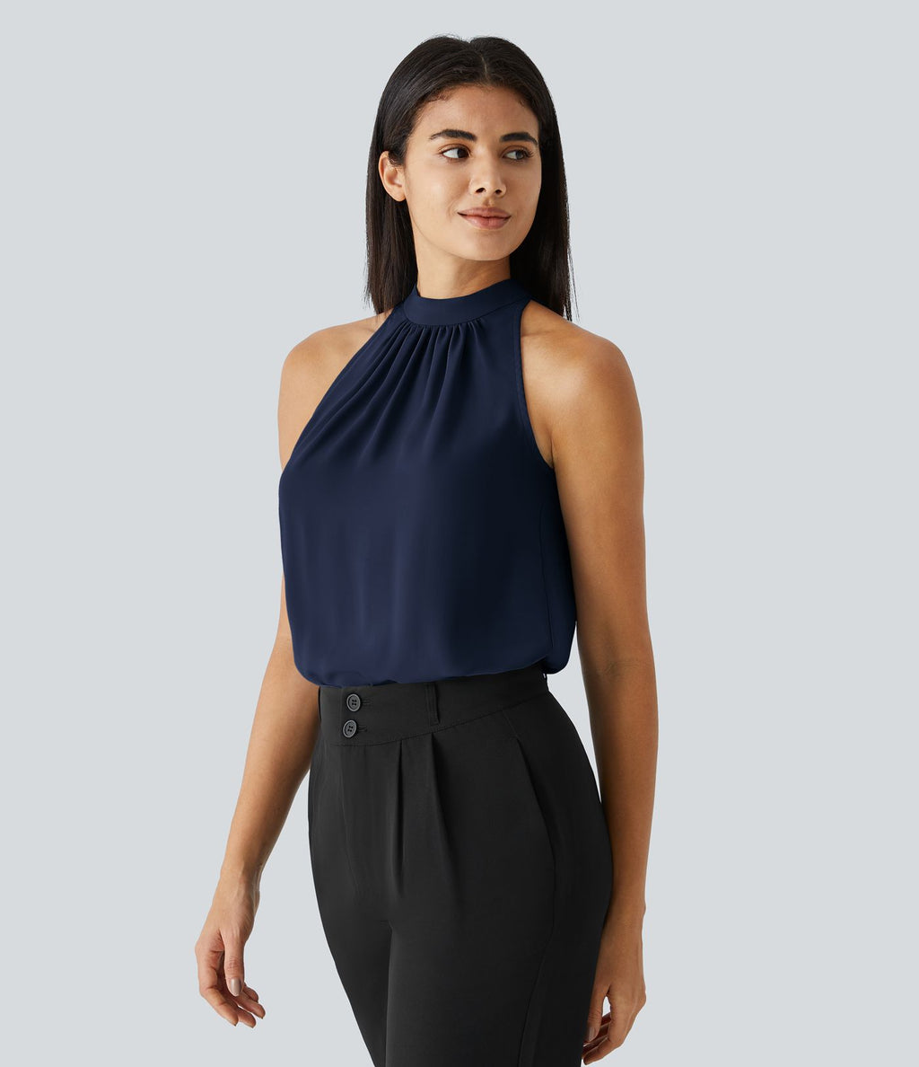 Blouse Travail Sans Manches Ourlet Courbé Col Haut Découpe au Dos Plis