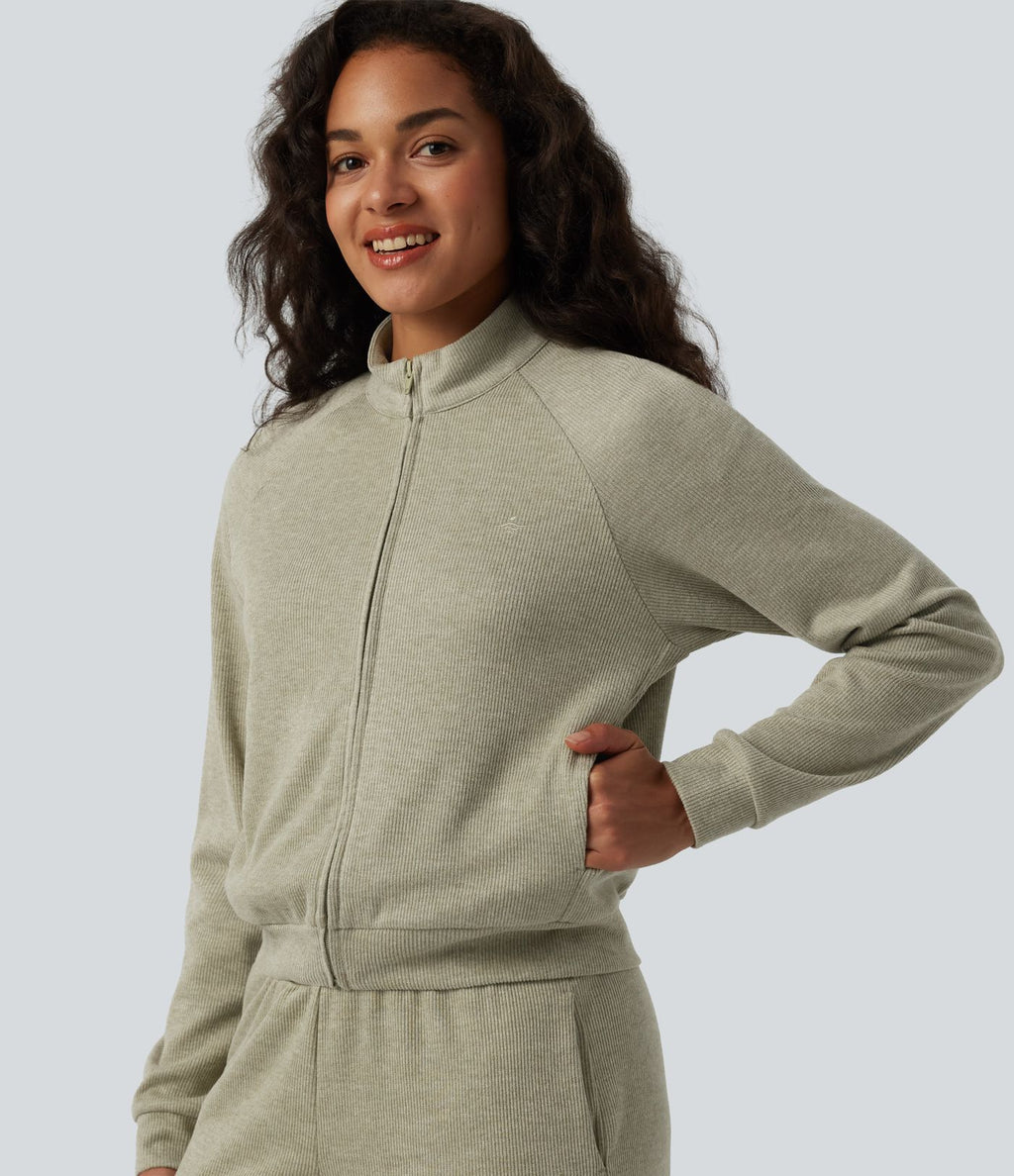 Veste casual côtelée à col montant, manches longues et fermeture zippée avec poches