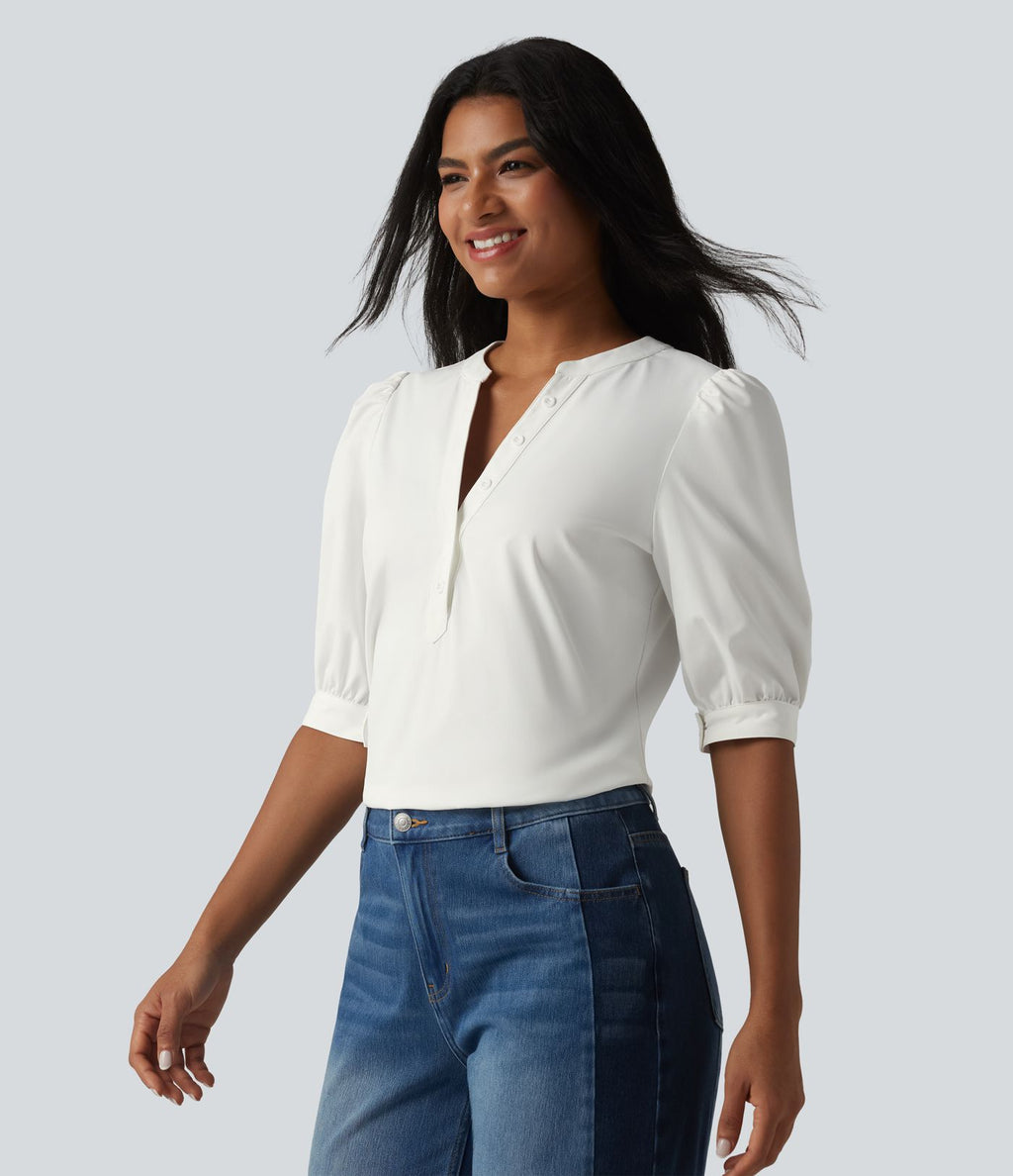 Blouse décontractée col Henley manches bouffantes mi-longues