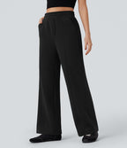 Pantalon jogging droit en coton molleton taille haute avec cordon et poches