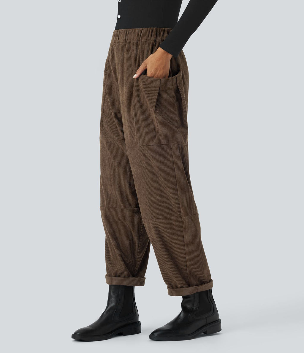 Pantalon décontracté en velours côtelé, taille haute, avec poches