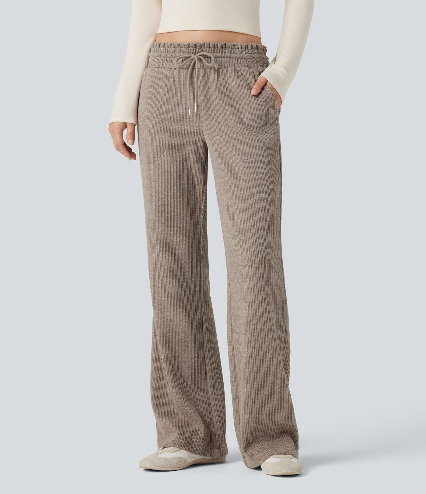 Pantalon décontracté bootcut côtelé, taille basse, cordon et poches