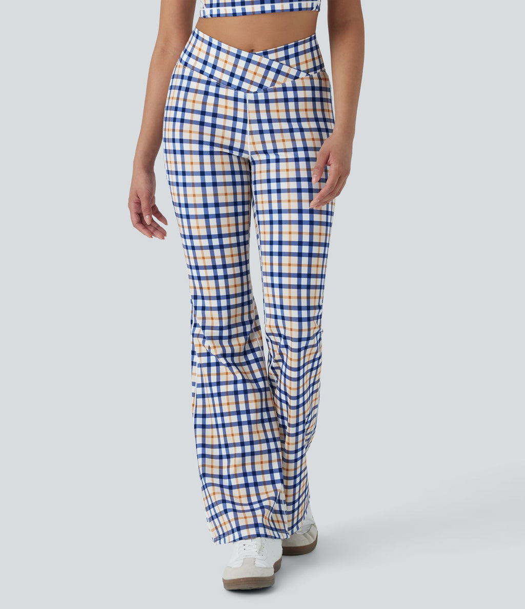 Pantalon évasé de yoga taille haute Cool Touch à motif écossais avec croisement et poche
