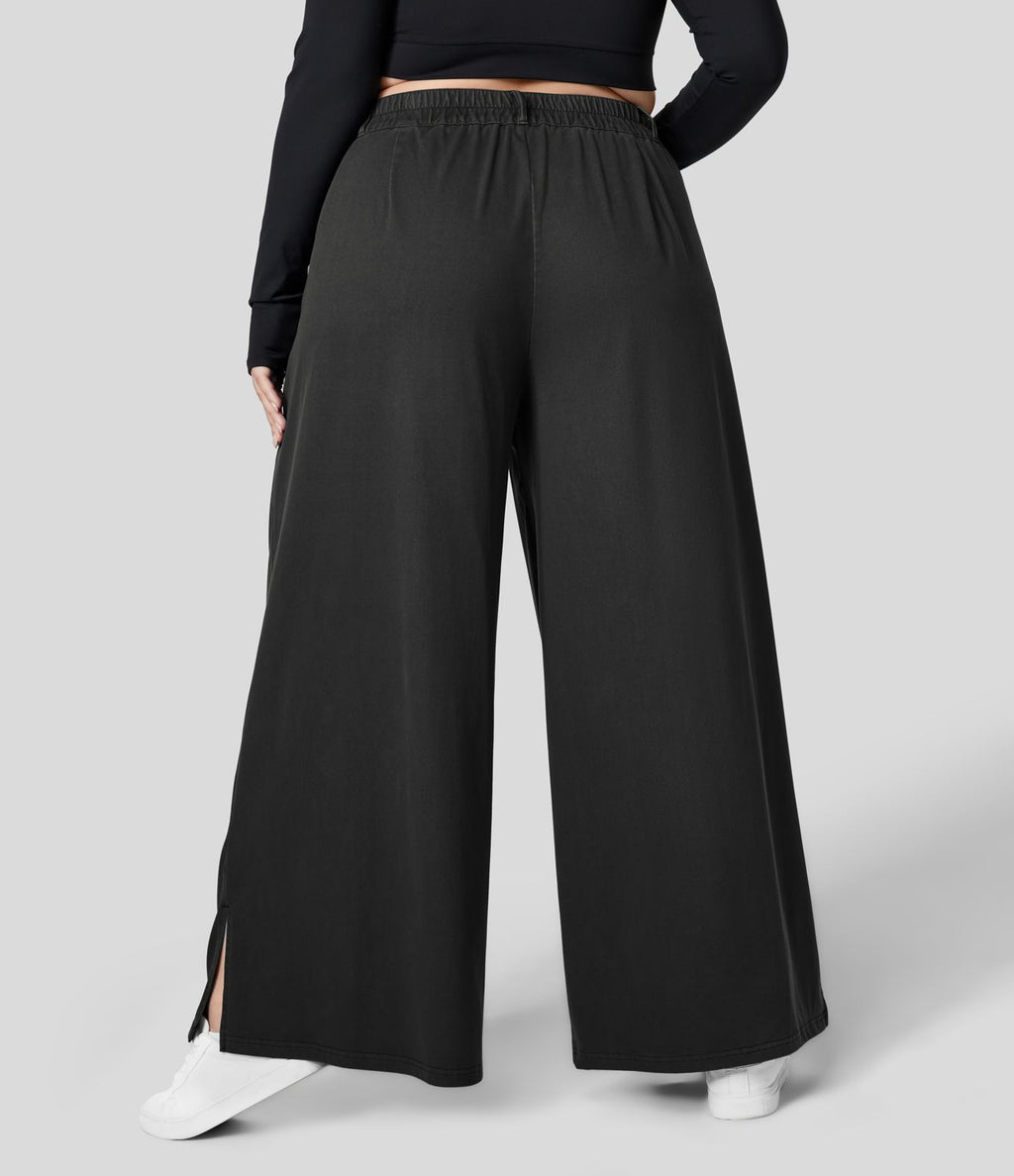 Pantalon Large Casual Taille Haute Boutonnés Fermeture Éclair Plissé Poches Latérales Ourlet Fendu Grande Taille