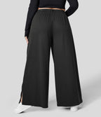 Pantalon Large Casual Taille Haute Boutonnés Fermeture Éclair Plissé Poches Latérales Ourlet Fendu Grande Taille