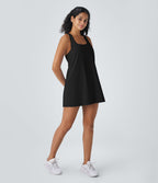 Ensemble 2 Pièces Robe Sport de Yoga Mini à Col en U Dos Nageur sans Manches avec Poches Latérales
