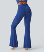 Pantalon de yoga évasé à taille haute croisée, poche arrière et dentelle