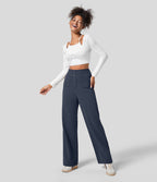 Pantalon Jogging en Fleece Thermique Jambe Droite Boutons Taille Haute Plusieurs Poches