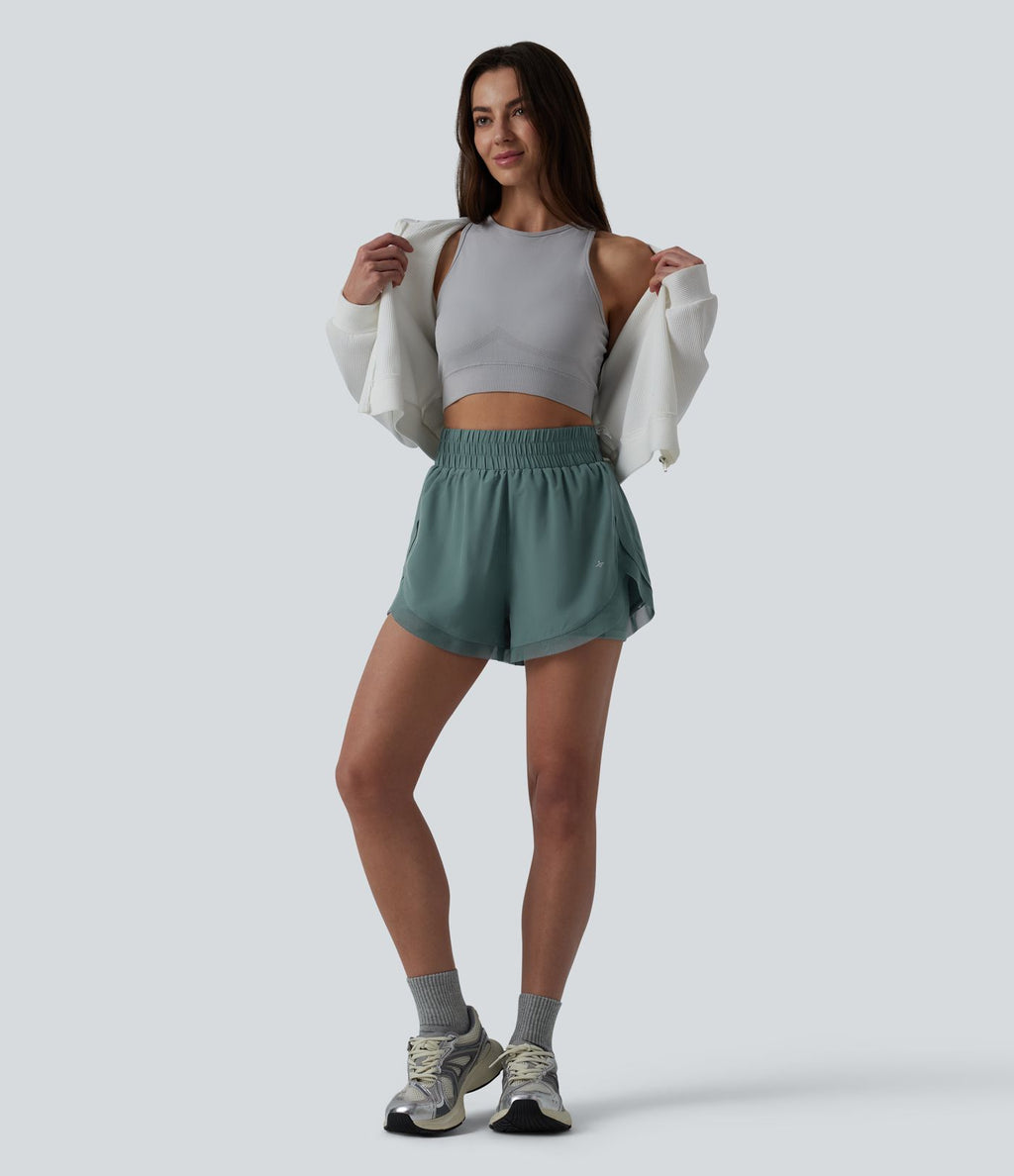 Short de running 2-en-1 taille haute mesh contrasté avec poches