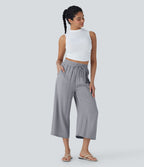 Pantalon décontracté aspect lin 7/8 à taille haute, jambe large avec cordon de serrage et poches latérales
