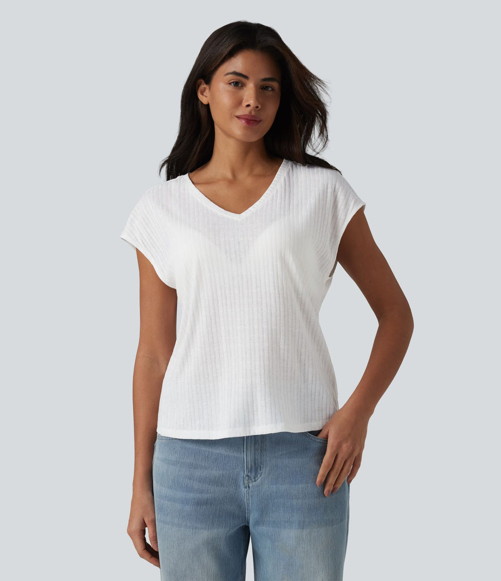T-shirt casual jacquard col V à manches courtes
