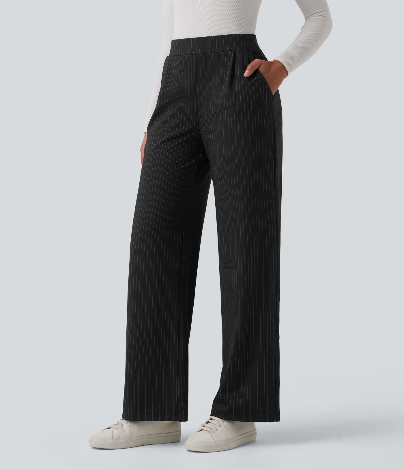 Pantalon tailleur large taille haute à rayures avec poches