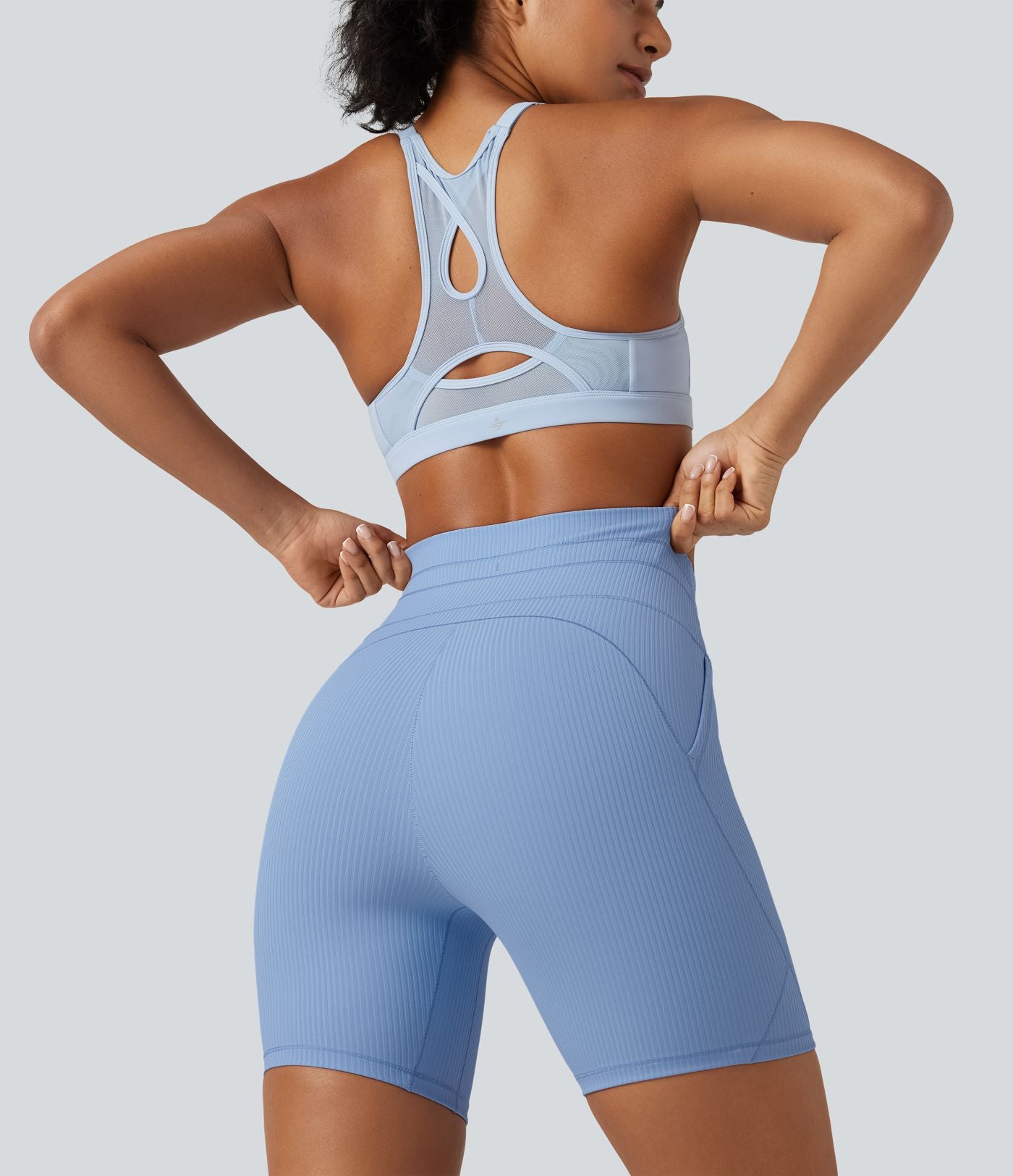 Short cycliste de yoga en maille côtelée taille haute avec cordon de serrage séchage rapide 15 cm avec poches - UPF50+