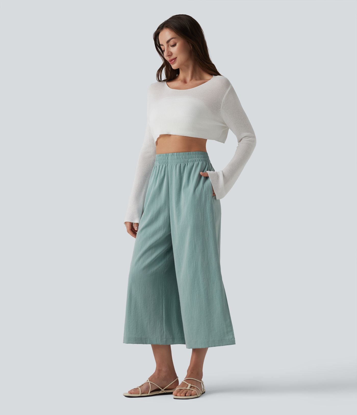 Pantalon ample court taille haute aspect lin avec fentes et poches
