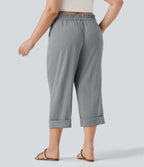 Pantalon de villégiature capri effet lin, grande taille, taille haute, avec poches