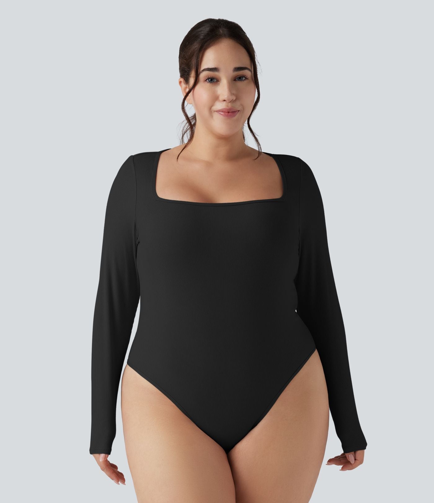 Body grande taille maille côtelée col carré manches longues ajusté