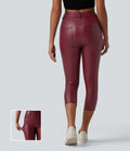 Legging corsaire casual taille haute extensible en simili cuir avec poches