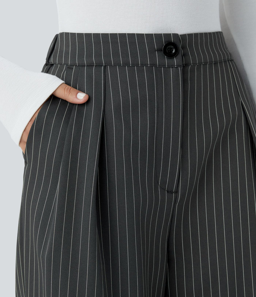 Pantalon Tailleur Large Fluide à Rayures, Taille Haute, Bouton et Fermeture Éclair, Poches Latérales