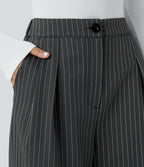 Pantalon Tailleur Large Fluide à Rayures, Taille Haute, Bouton et Fermeture Éclair, Poches Latérales