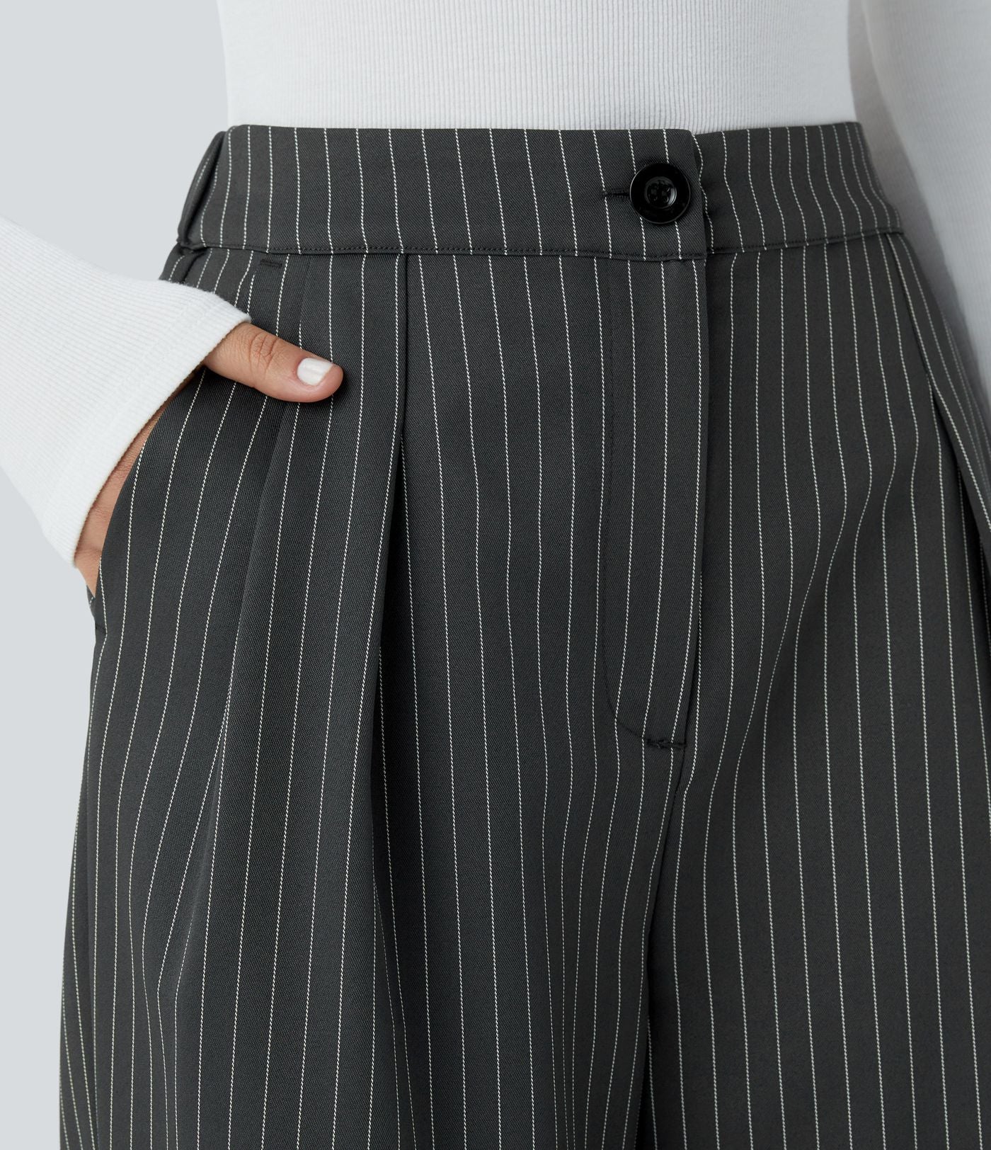 Pantalon Tailleur Large Fluide à Rayures, Taille Haute, Bouton et Fermeture Éclair, Poches Latérales