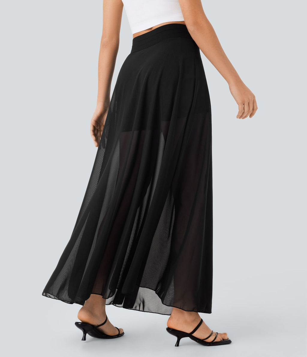 Jupe longue fluide 2-en-1 taille haute avec empiècements en résille