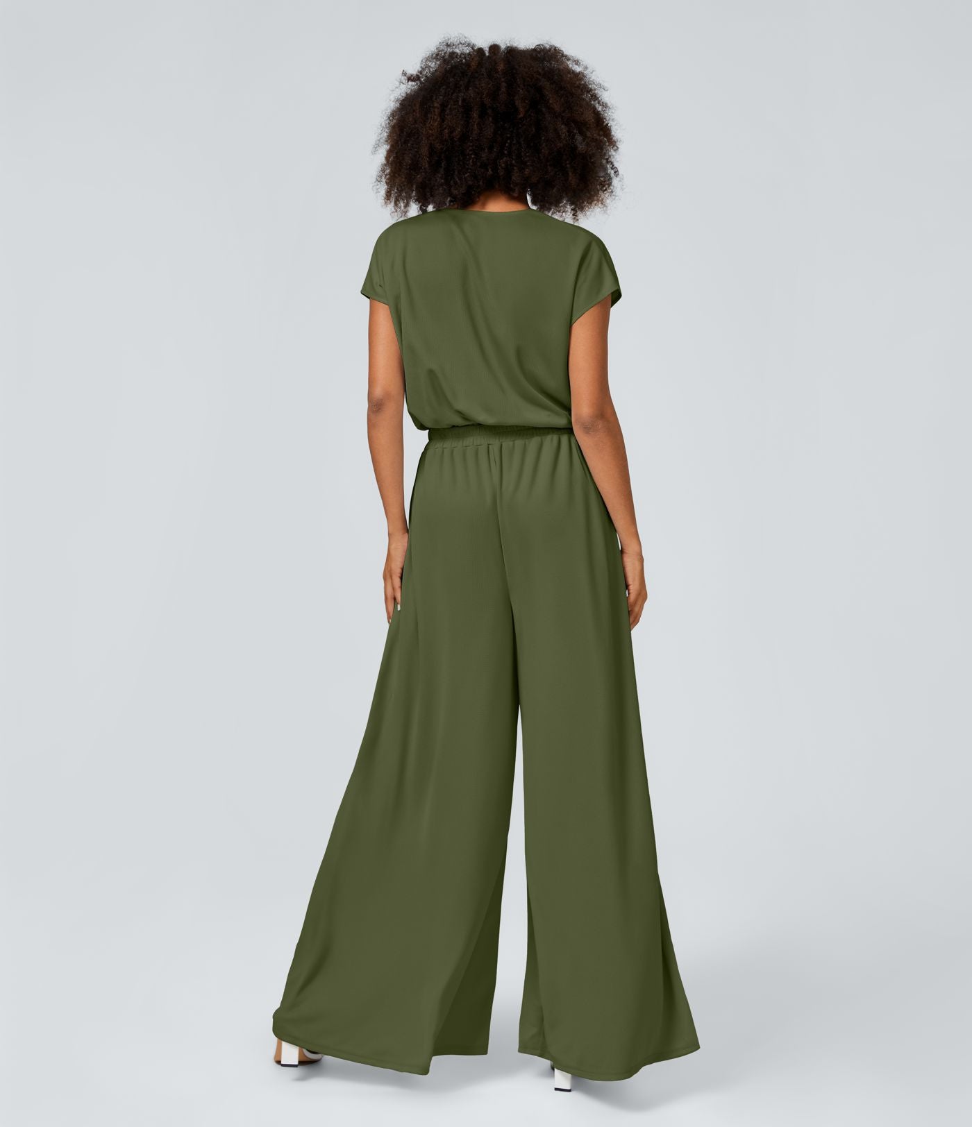 Combinaison Casual Col en V Jambes Large Plissée Manches Courtes Poche Latérale Gaufrée Fluide
