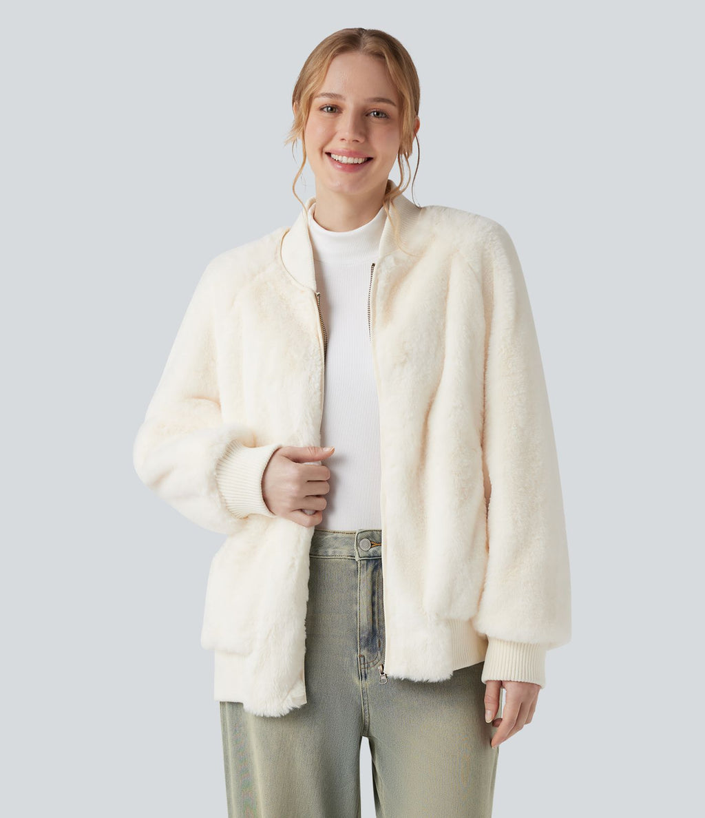 Veste bomber sherpa zippée à manches longues avec poches