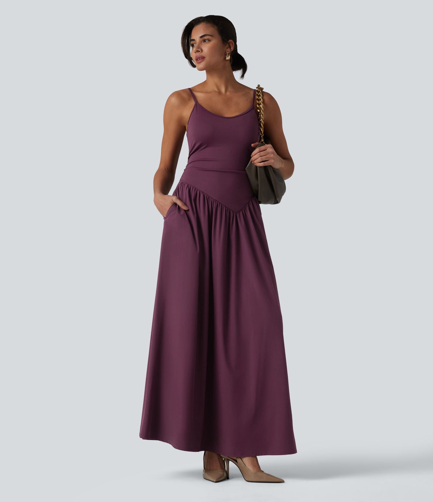 Robe nuisette maxi fluide Breezeful™ à séchage rapide dos nu avec bretelles ajustables, fronces et brassière intégrée - Demoiselle d'honneur et invitée de mariage