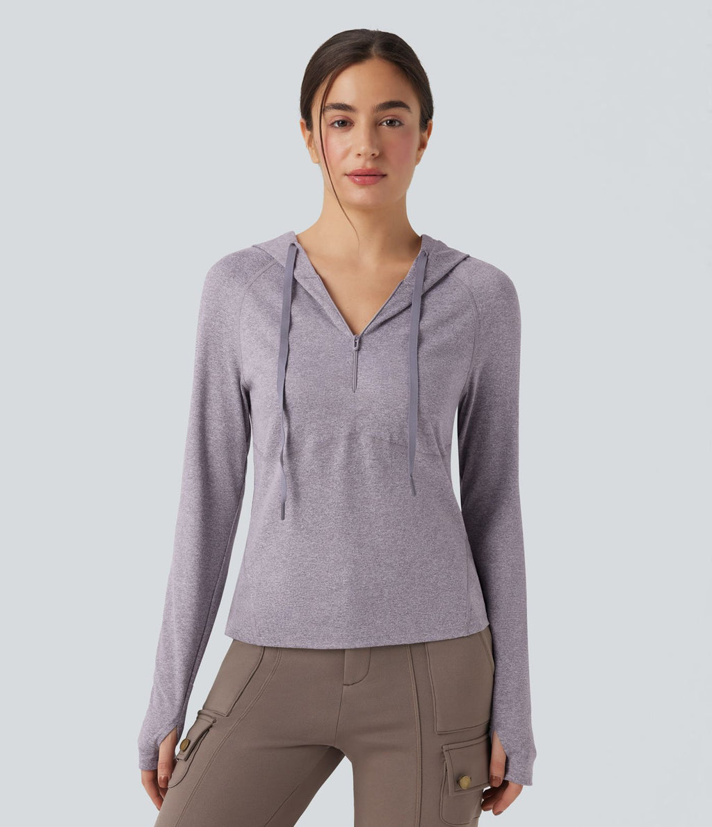 Sweatshirt de sport randonnée à capuche manches longues avec cordon de serrage, trous pour pouces et poche