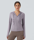 Sweatshirt de sport randonnée à capuche manches longues avec cordon de serrage, trous pour pouces et poche