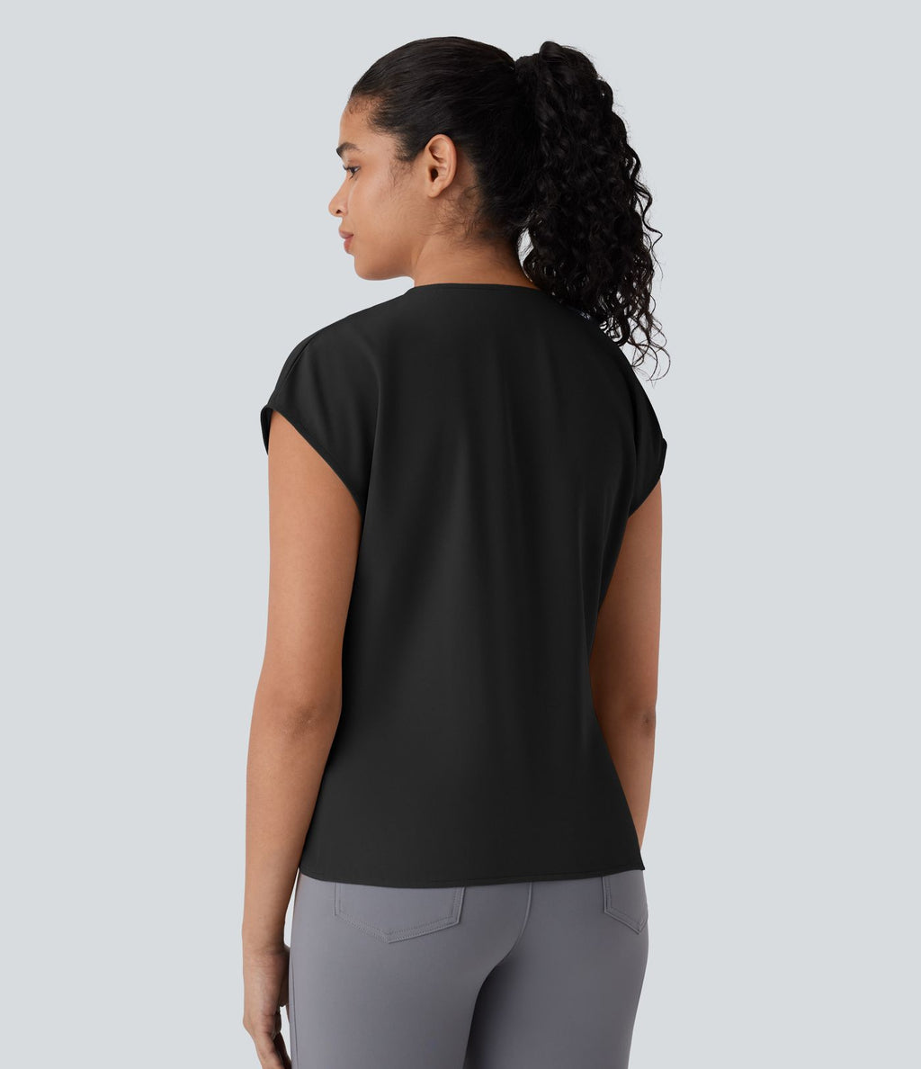 Blouse portefeuille à col en V, manches courtes et fronces pour le bureau