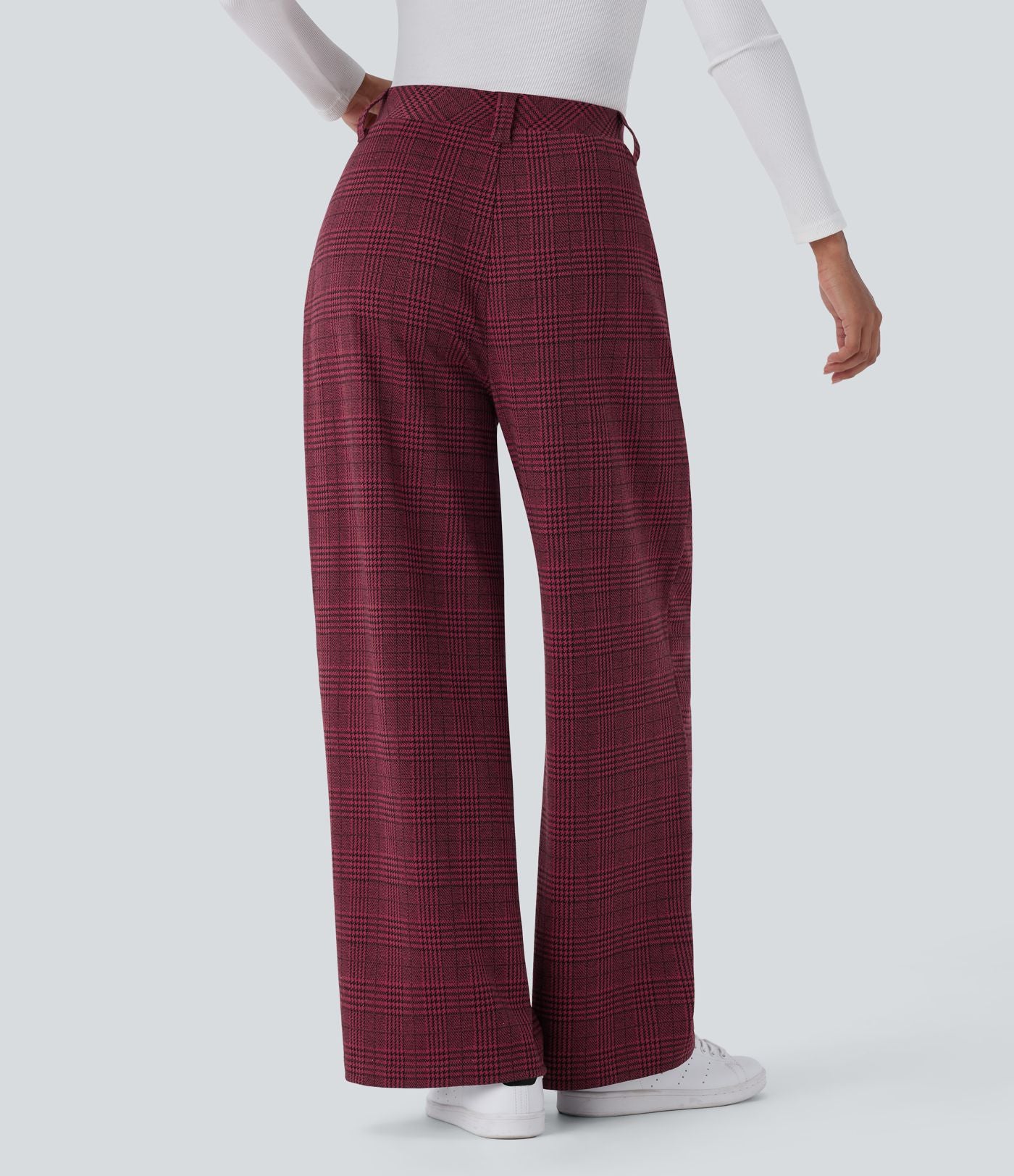 Pantalon taille haute décontracté large à carreaux, avec poches