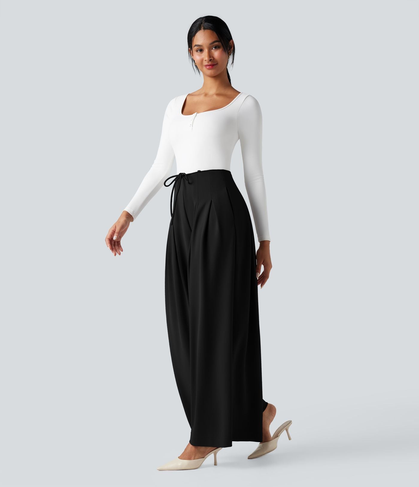 Pantalon tailleur Halara Flex™ large fluide taille haute à nœud en crêpe avec poches