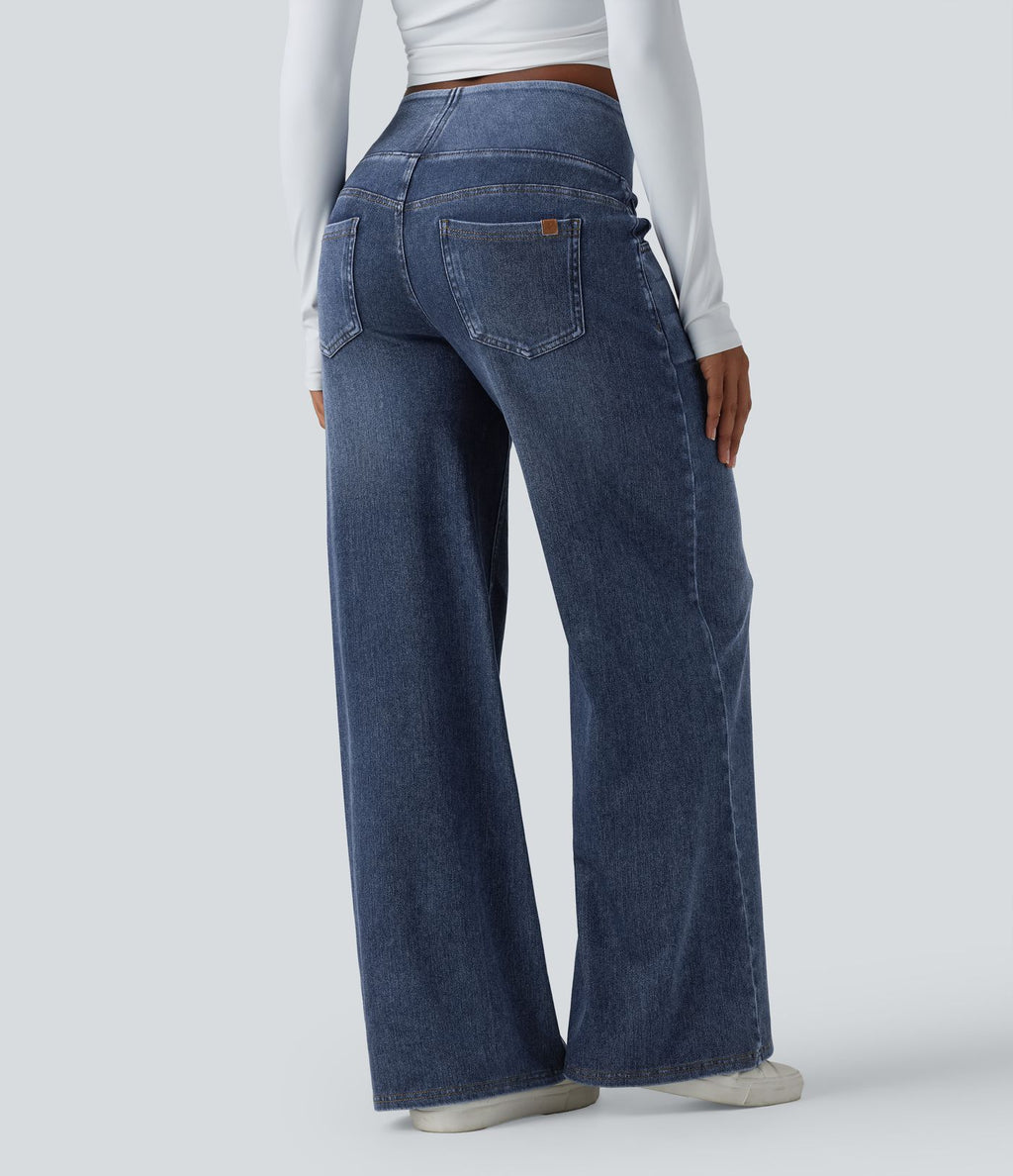 Halara Flex™ Jean large casual baggy taille mi-haute en lyocell drapé effet délavé, avec poches