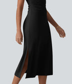 Robe midi décontractée à manches courtes et col en V en maille sculptante