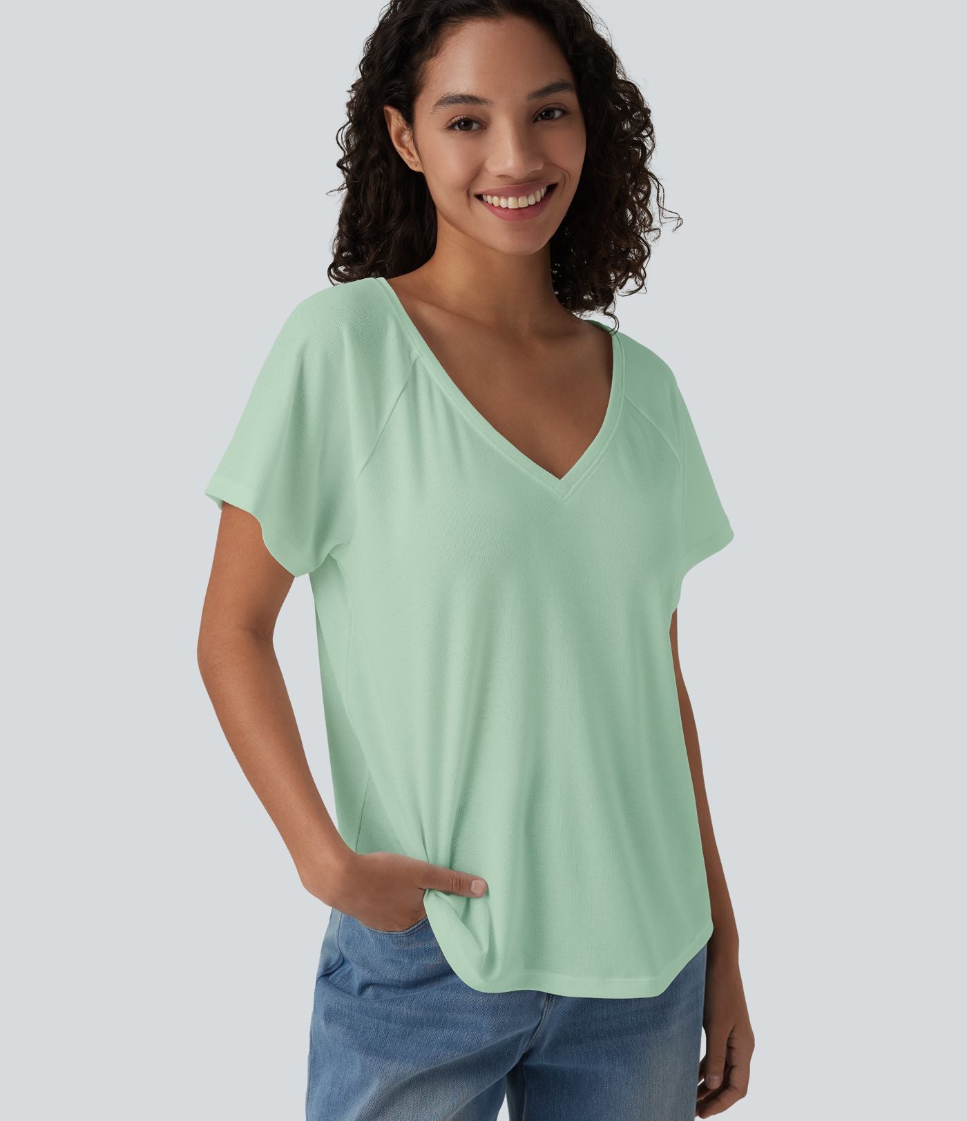T-shirt casual col V manches raglan courtes coupe ample