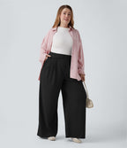 Pantalon décontracté grande taille large en maille gaufrée, taille haute, avec poches