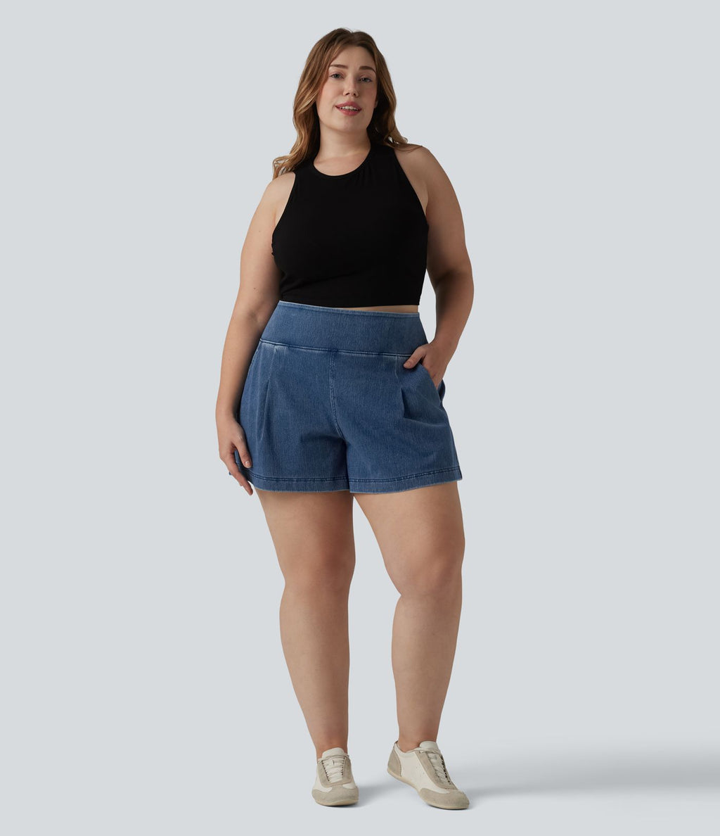 Short en jean taille haute Halara Flex™ ample et décontracté, grande taille, 10 cm avec poches