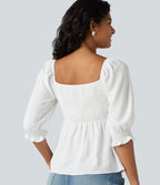 Blouse casual babydoll col carré à manches bouffantes mi-longues et détails froncés