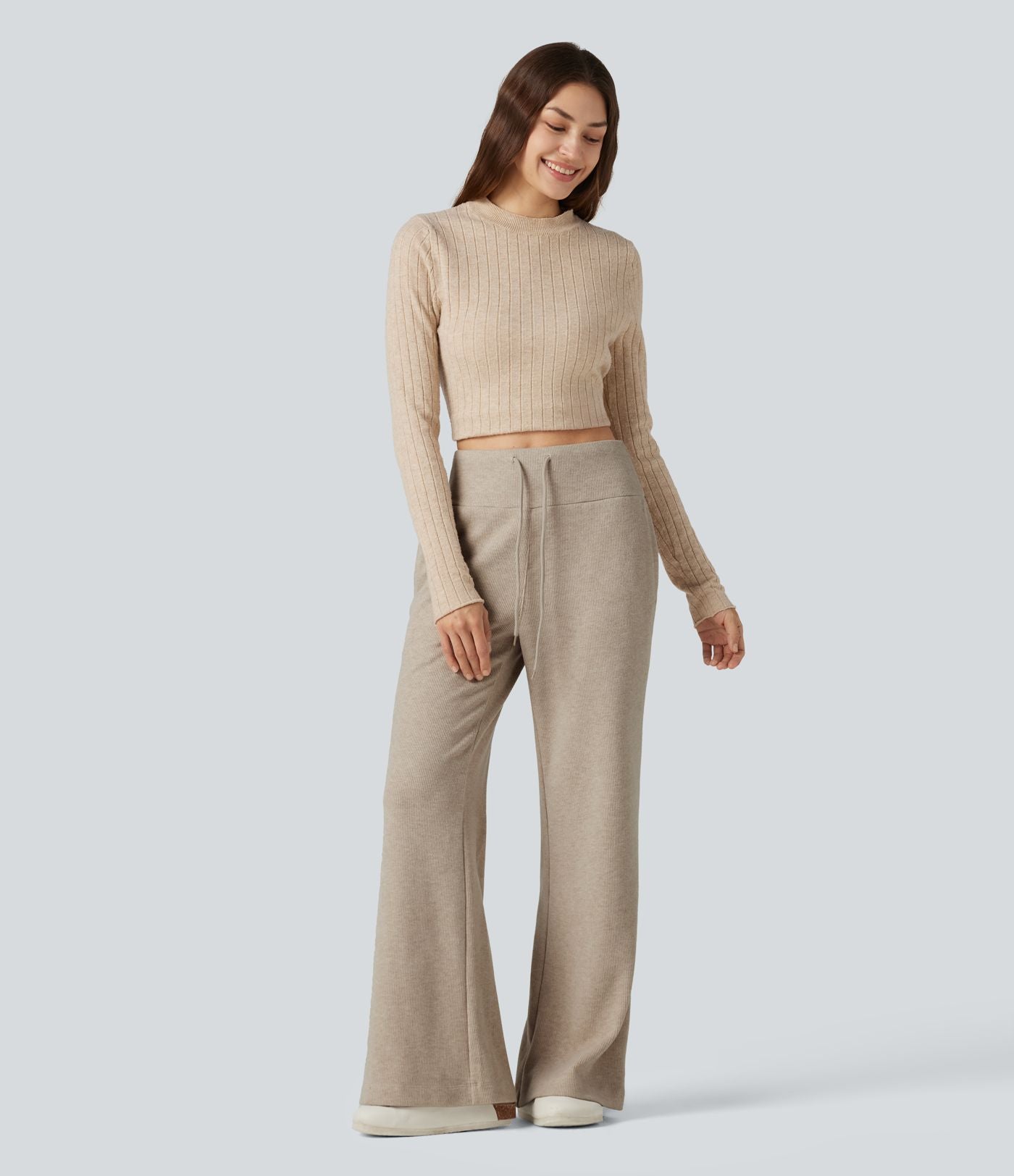 Pantalon large fluide côtelé taille haute avec cordon de serrage et poches
