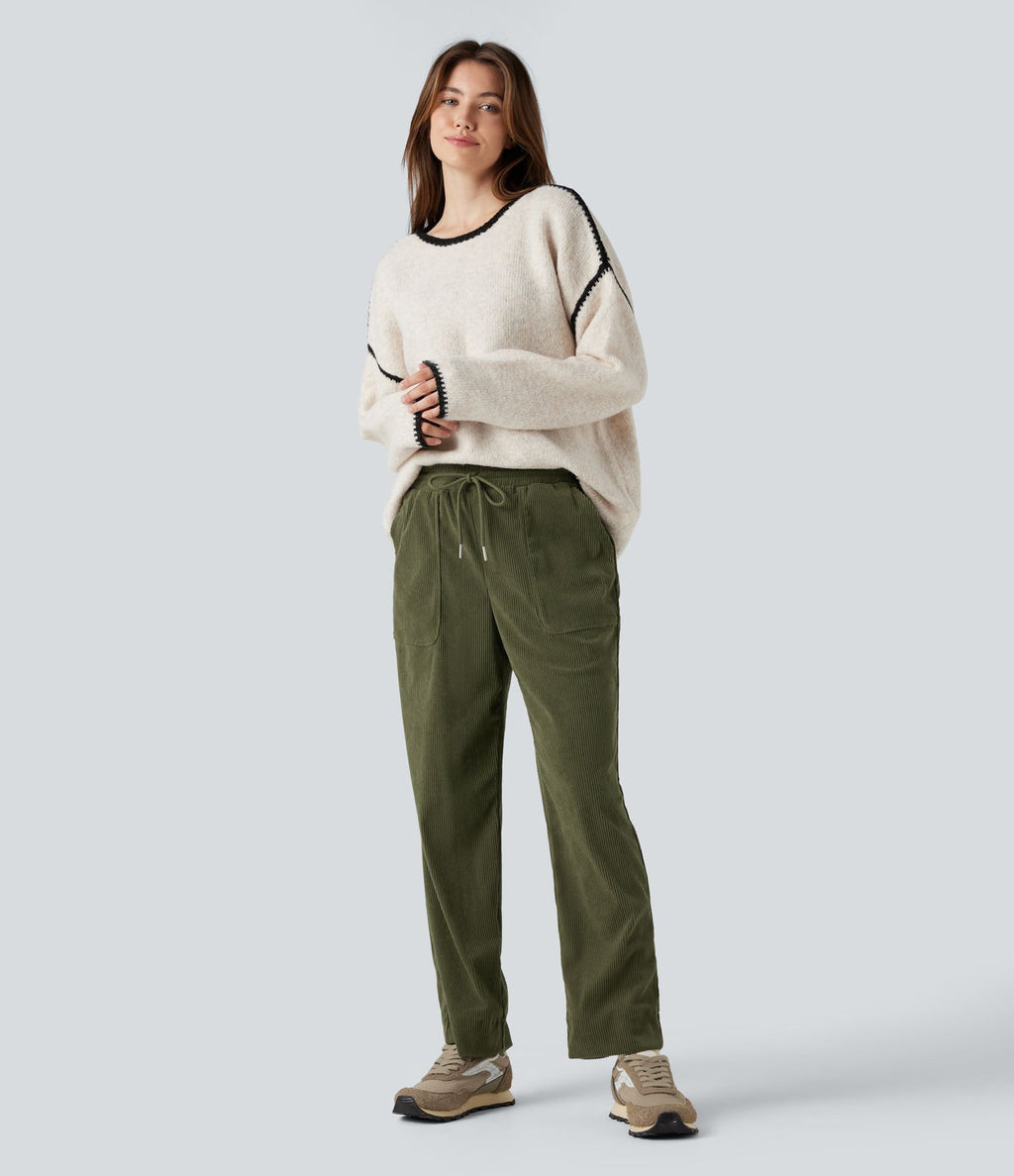 Pantalon décontracté fuselé en velours côtelé, taille mi-haute, cordon et poches