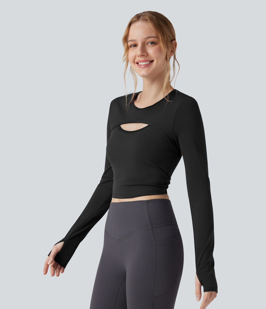 Haut de sport yoga court 2-en-1 col rond à manches longues avec passants pouces et laçage SoftlyZero™ Airy - UPF50+
