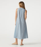 Robe casual midi à carreaux toucher lin col rond sans manches à poches