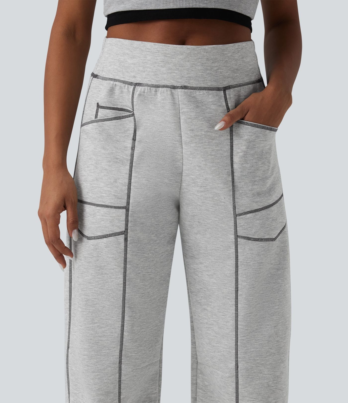 Jogging casual taille haute coupe barrel color block surpiqûres avec poches