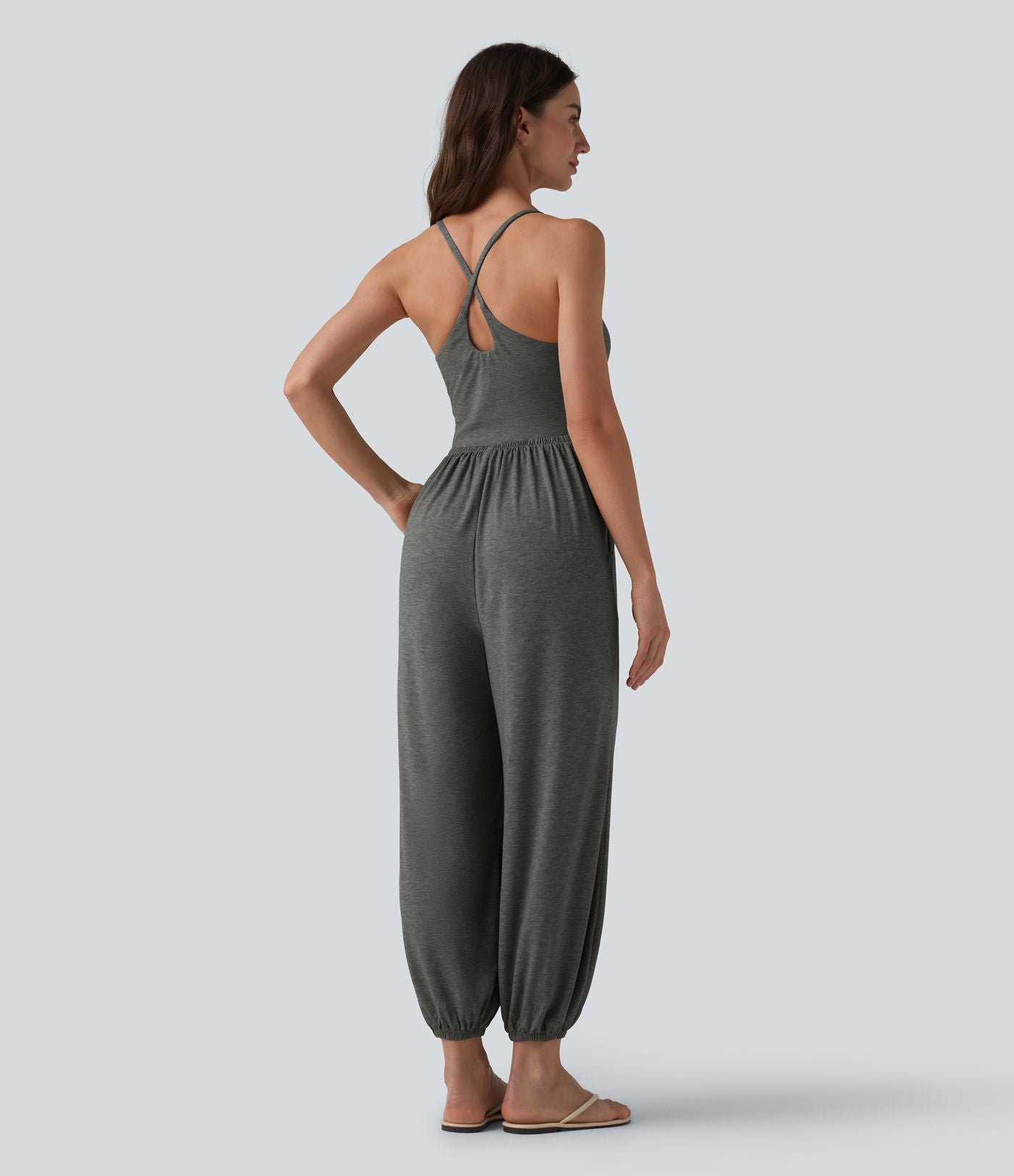 Combinaison décontractée chinée sans manches à dos croisé et soutien-gorge intégré, avec poches - Easy Peasy