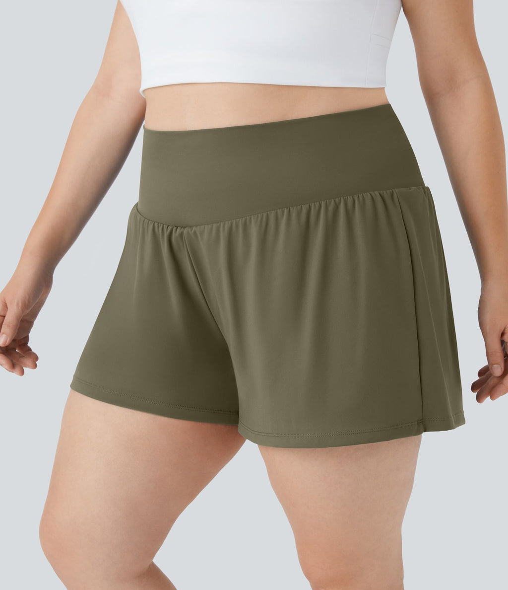 Short Yoga 10cm Plus Longue Taille Ultra Haute 2 en 1 Poche Arrière Poche Cachée Latérale Grande Taille